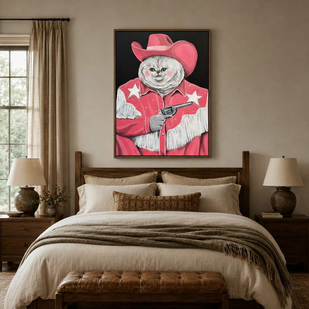 Bold western cat portrait canvas wall art above a neutral bedroom bed with dark walnut float frame
