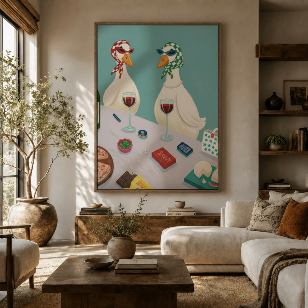 Playful illustrated duck canvas print displayed above console in warm neutral living room