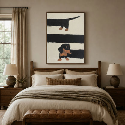 Minimalist dachshund dog painting centered above bed in a cozy earthy bedroom with linen bedding
