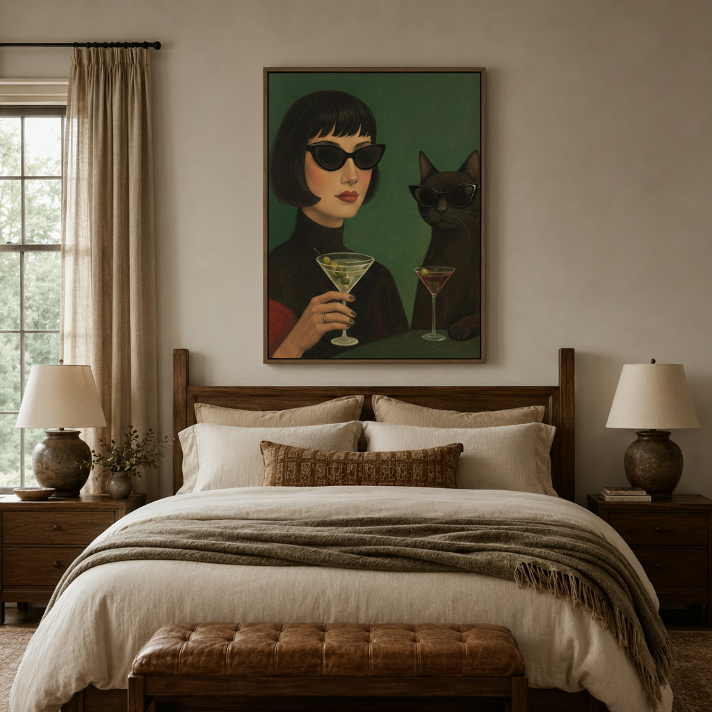Vintage-style canvas wall art of glamorous woman and black cat above a wooden bed frame