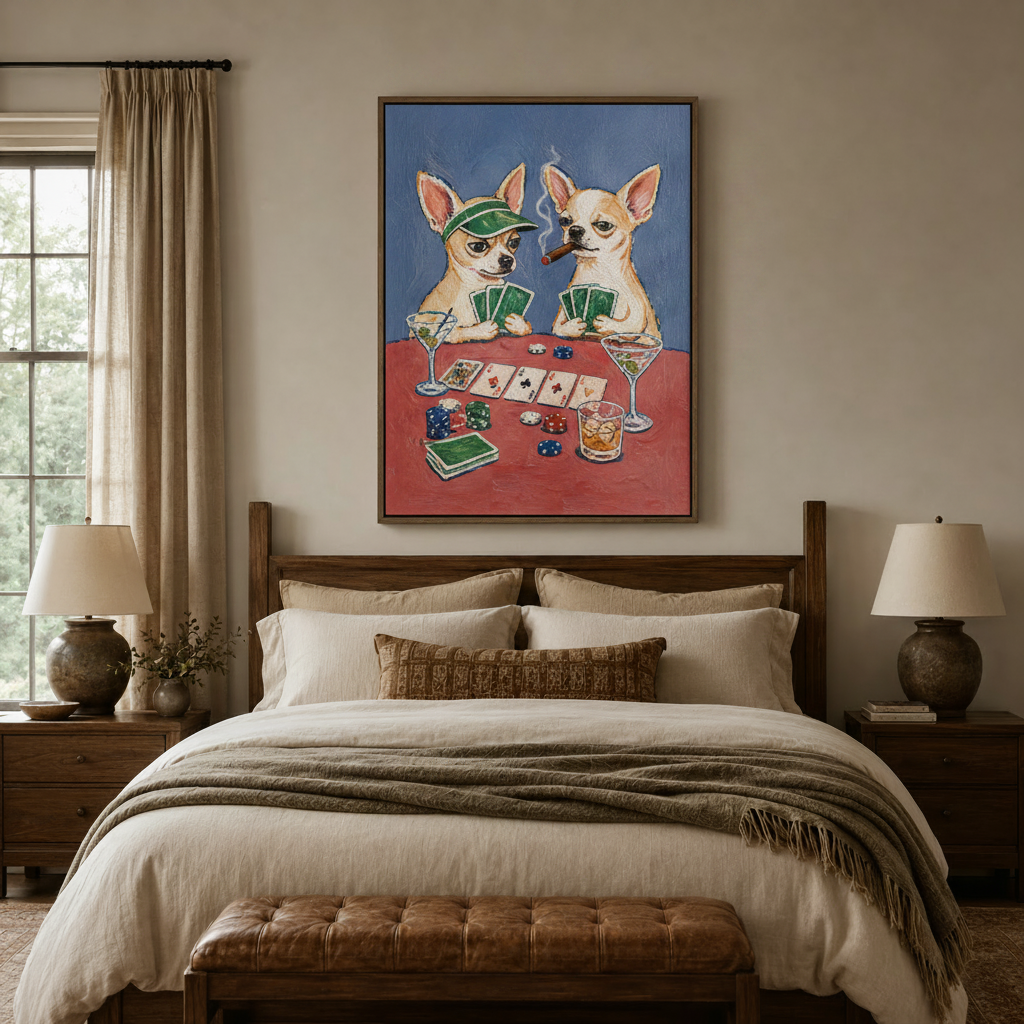 Humorous chihuahua canvas wall art above a wooden bed headboard in a cozy bedroom