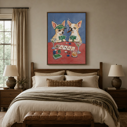Humorous chihuahua canvas wall art above a wooden bed headboard in a cozy bedroom