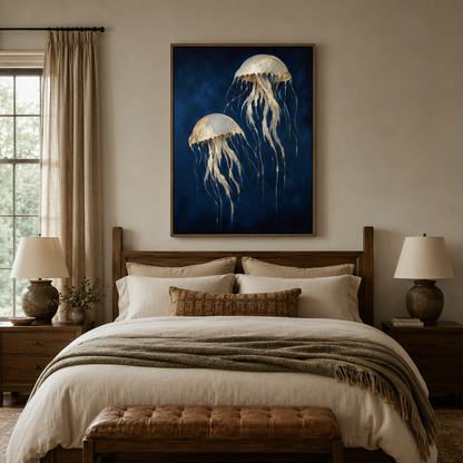 Dramatic navy blue jellyfish canvas art above bed in cozy neutral bedroom with warm ambient lighting