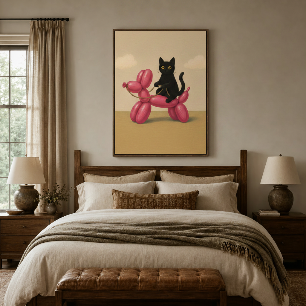 Surreal cat canvas art above a walnut bed headboard in a cozy neutral bedroom interior