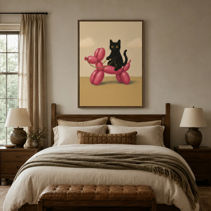 Surreal cat canvas art above a walnut bed headboard in a cozy neutral bedroom interior