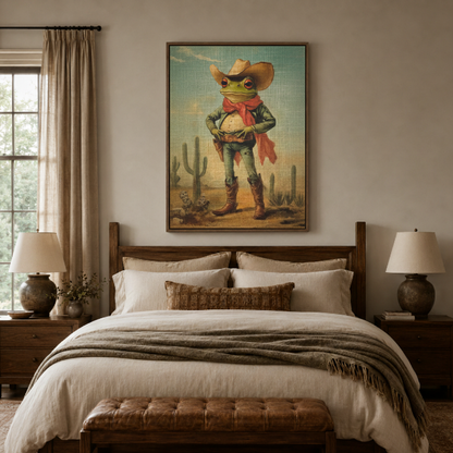 Funny cowboy frog canvas print in game room – quirky Western oil painting with desert frog as humorous statement wall decor by Aurewall