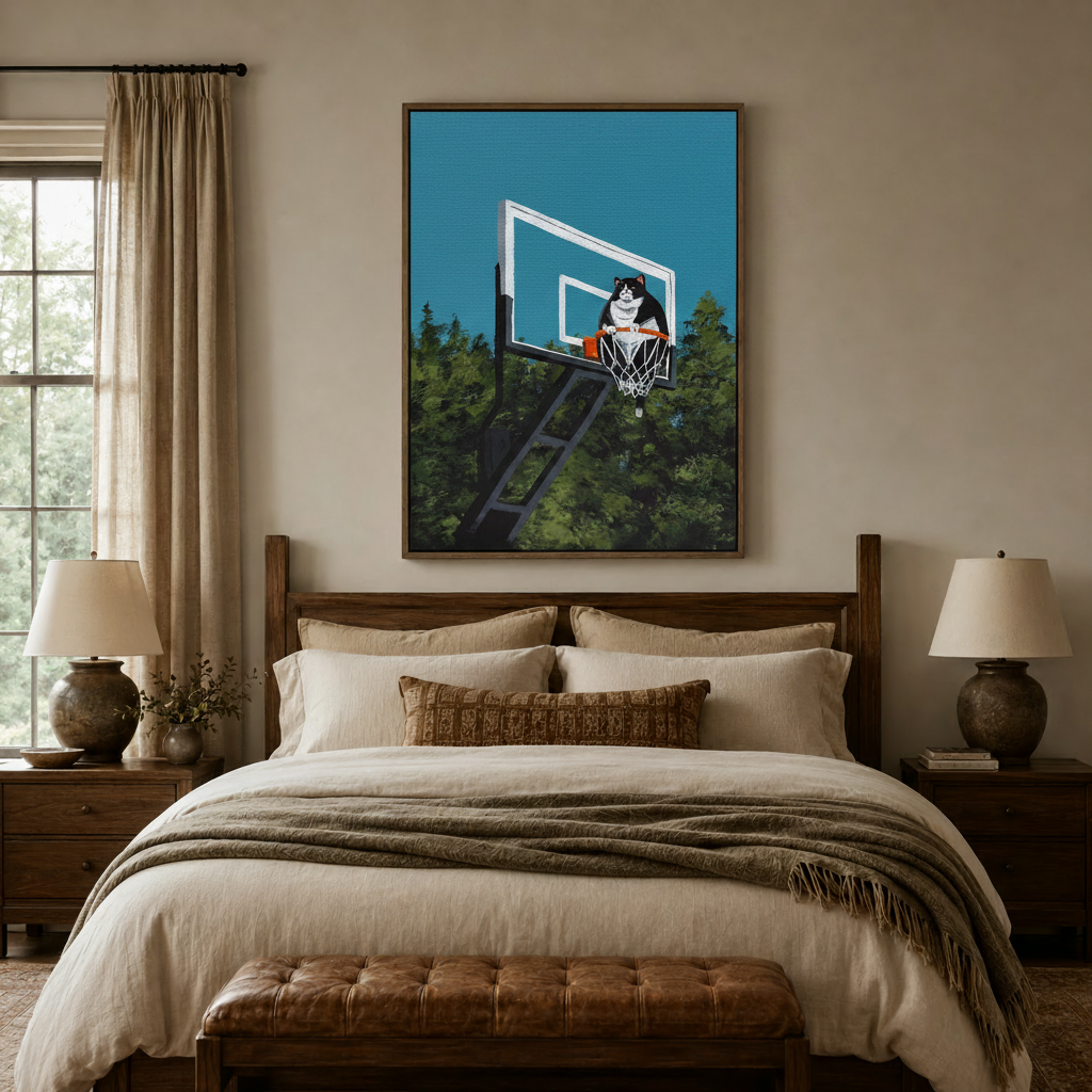 Funny cat sitting in basketball net canvas wall art above a neutral bedroom bed