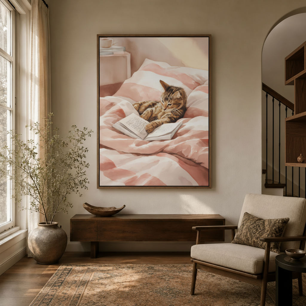 Pastel cat reading canvas print hanging in living room with warm natural light and neutral tones