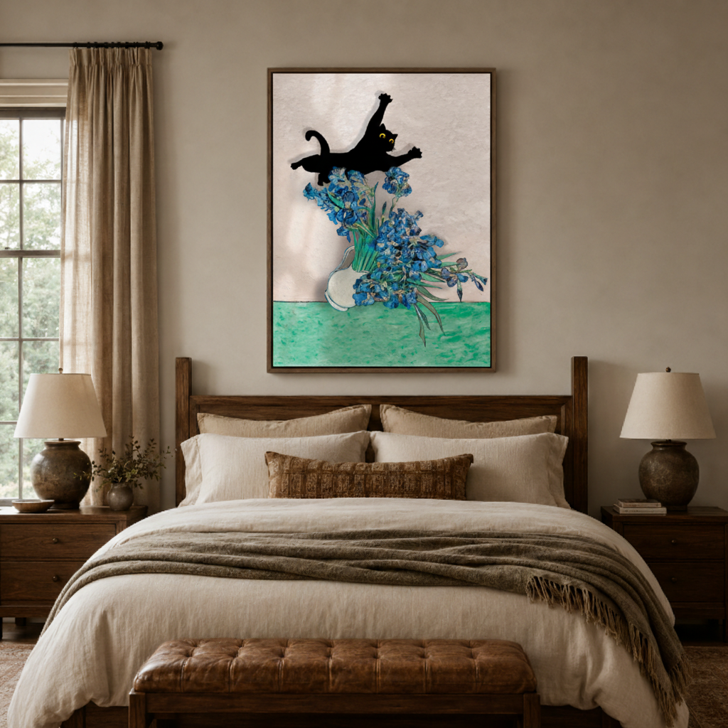 Modern black cat floral canvas print in bedroom – minimalist illustration with jumping cat and blue flower field as fresh wall decor above bed by Aurewall