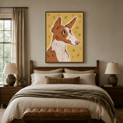 Whimsical dog crayon art canvas with golden star background above a linen bed in a cozy bedroom