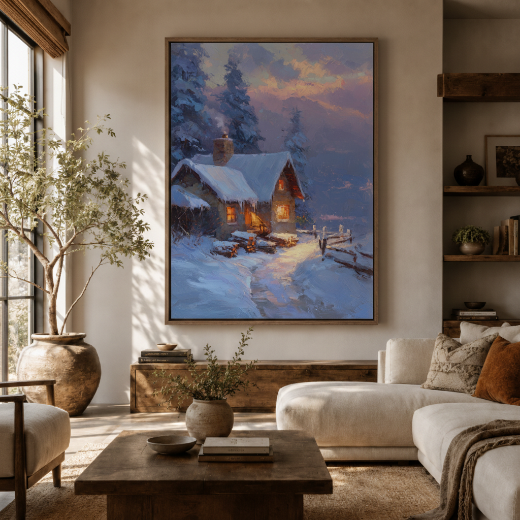 Winter cabin canvas wall art in living room – cozy snowy night oil painting displayed above sofa by Aurewall