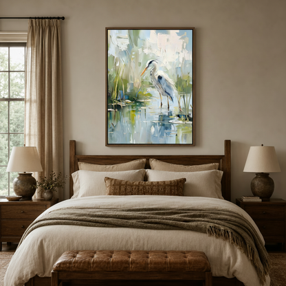Textured heron canvas painting above a dark wood bed with layered linen bedding in a cozy bedroom