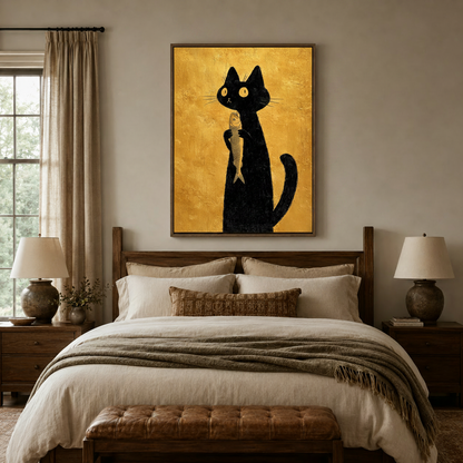 Bold black and gold minimalist cat canvas art above a rustic wooden bed in a cozy neutral bedroom