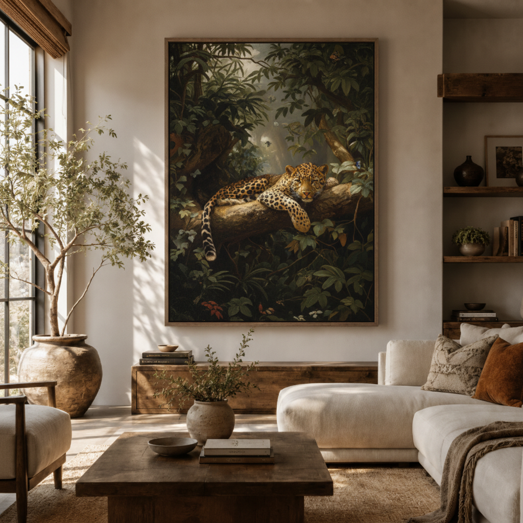 Resting leopard canvas wall art in living room – classic jungle wildlife painting displayed above sofa by Aurewall