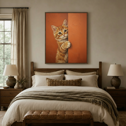 Vintage peeking kitten oil painting canvas above wooden bed – warm orange cat wall art by Aurewall