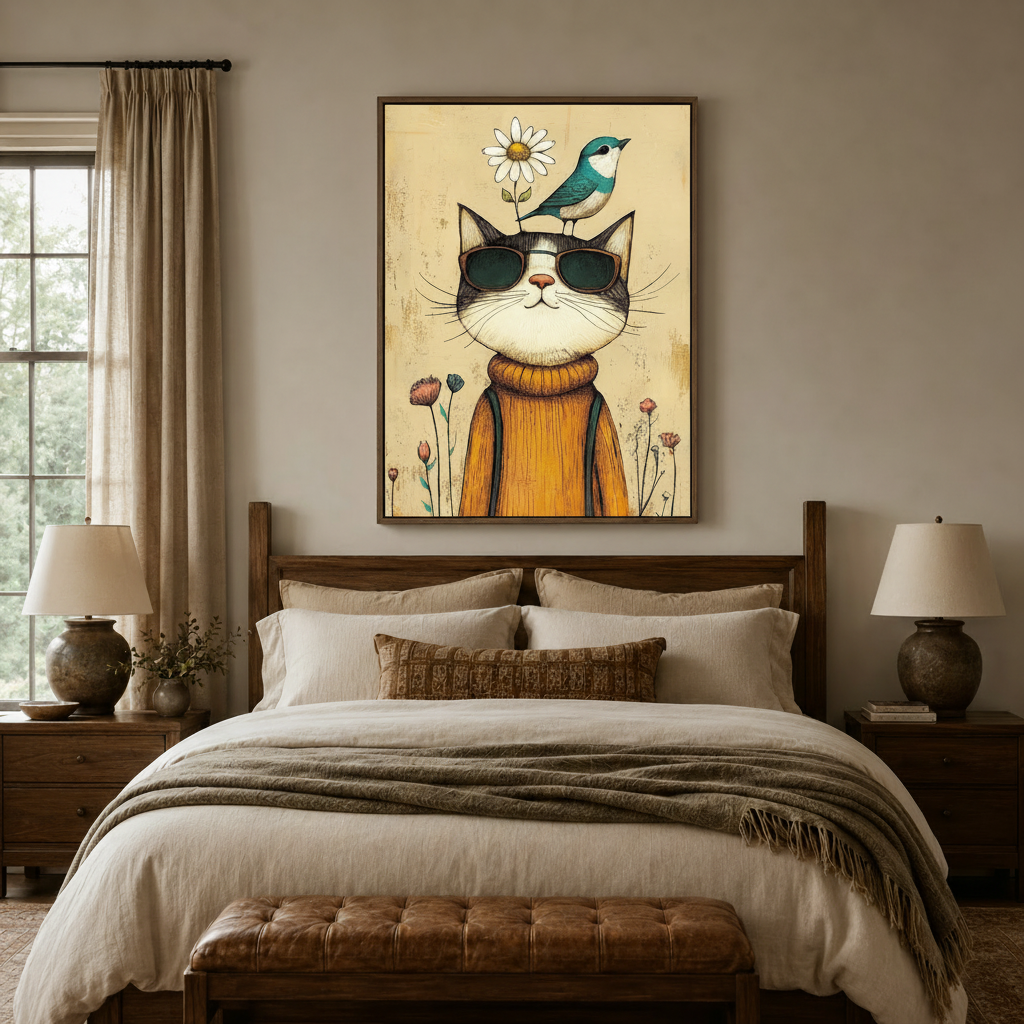 Funny cat with sunglasses canvas art above a dark wood bed with layered linen bedding in a cozy bedroom