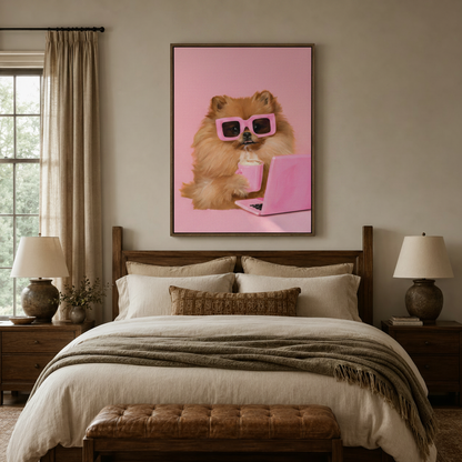 Funny Pomeranian dog wall art above a bed in a warm-toned bedroom with linen bedding
