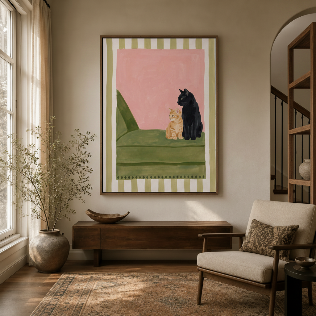 Boho cat canvas print hanging in living room, pink and green illustration style