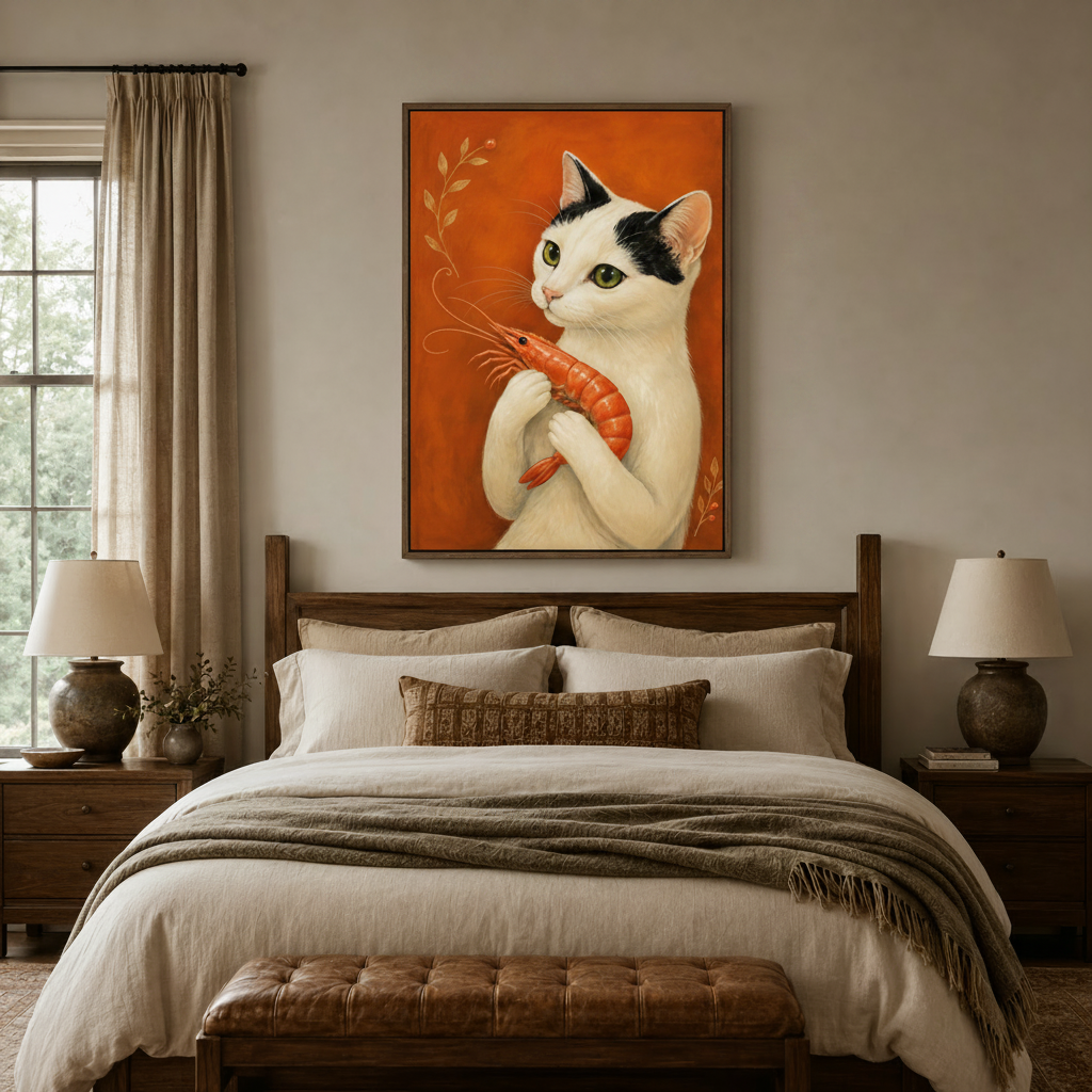  Elegant funny cat canvas wall art above a dark wood bed frame in a warm neutral bedroom
