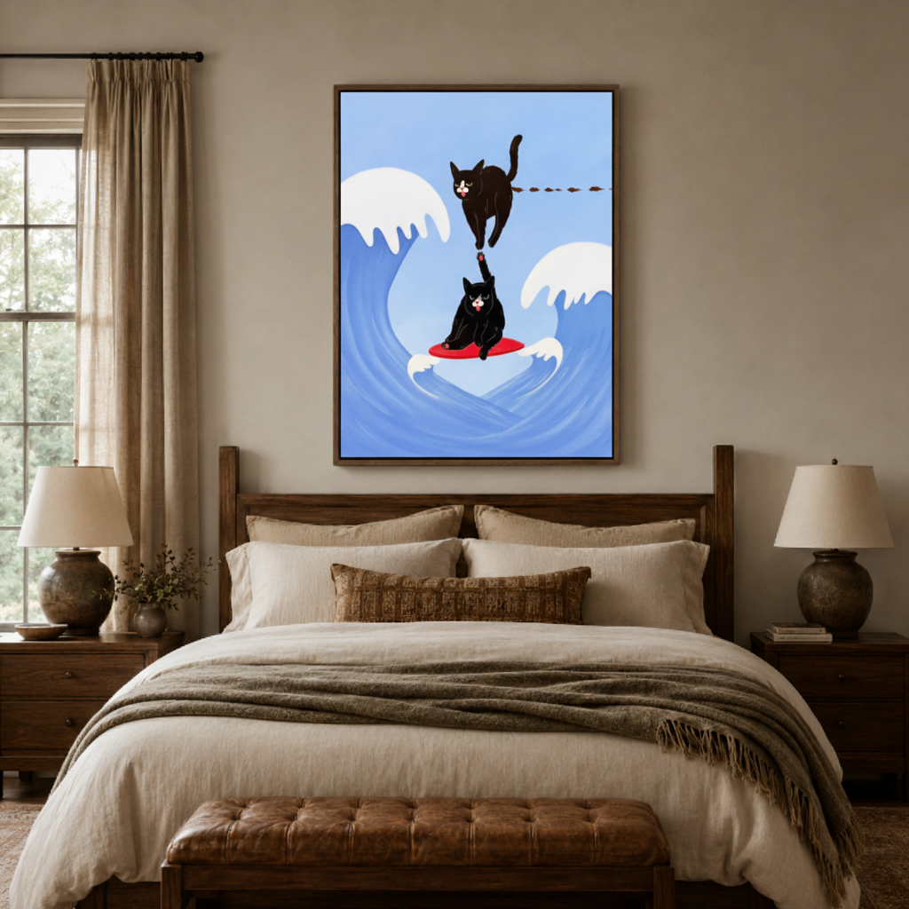Funny surfing cat canvas print bedroom detail – close-up of black cat riding red surfboard illustration as vibrant playful wall accent by Aurewall