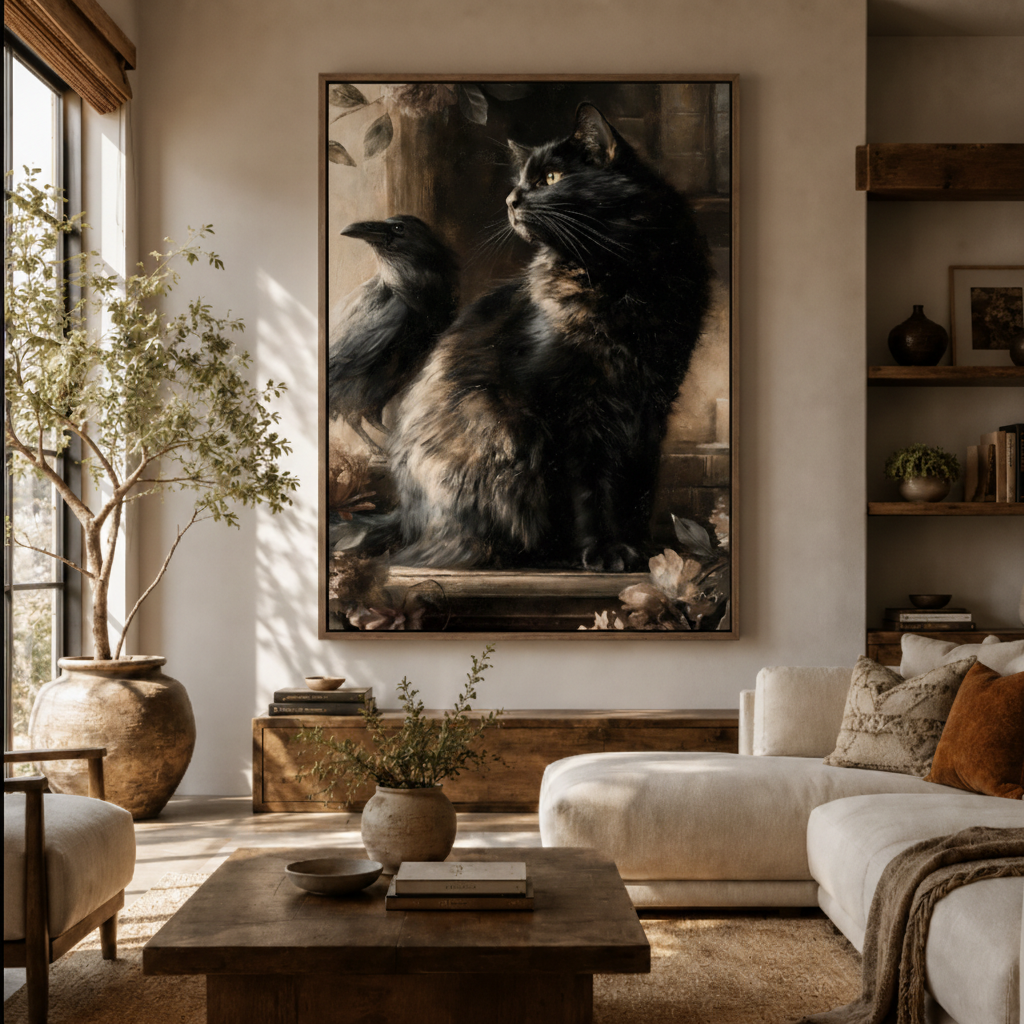 Black cat raven gothic canvas wall art in living room – dark moody oil painting displayed above sofa by Aurewall