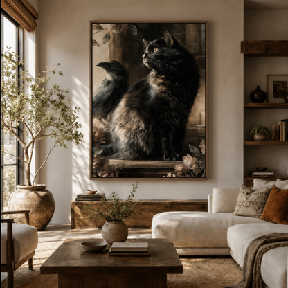 Black cat raven gothic canvas wall art in living room – dark moody oil painting displayed above sofa by Aurewall