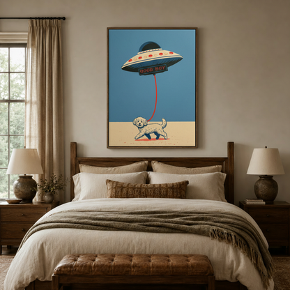 Good Boy UFO retro canvas print above wooden bed frame in cozy neutral bedroom