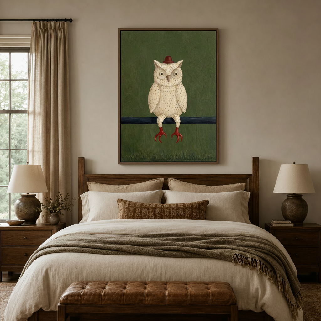 Whimsical bird portrait canvas art above bed in cozy neutral bedroom with wooden nightstands
