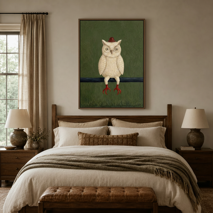 Whimsical bird portrait canvas art above bed in cozy neutral bedroom with wooden nightstands