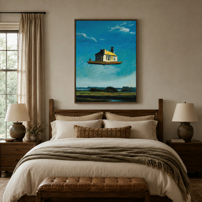 Moody realist oil painting print of floating house in float frame above bedroom headboard