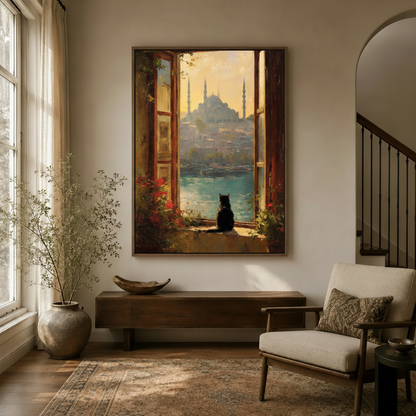 Istanbul window oil painting canvas wall art hung above a wooden bed in a neutral bedroom