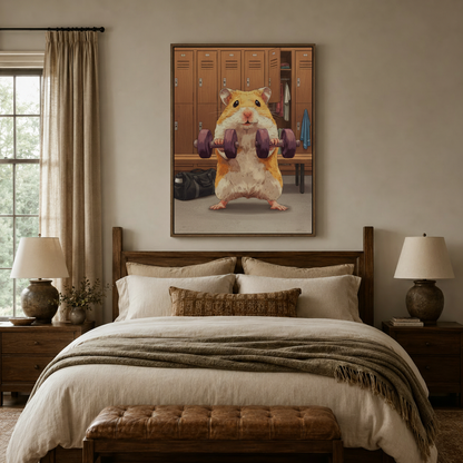 Funny animal canvas print above dark walnut bed in cozy neutral bedroom setting