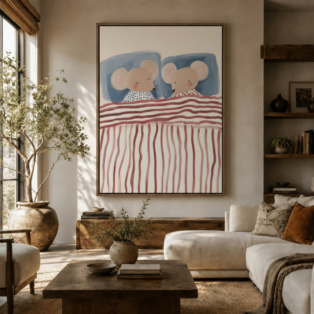 Sleeping mice children's canvas print displayed above console in warm modern living room