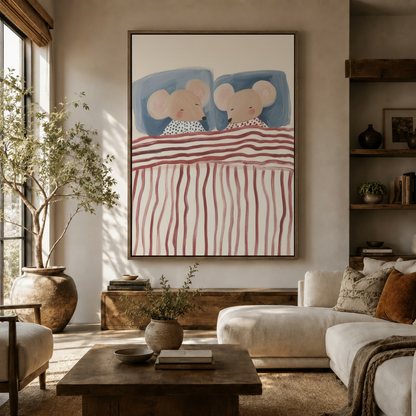 Sleeping mice children's canvas print displayed above console in warm modern living room