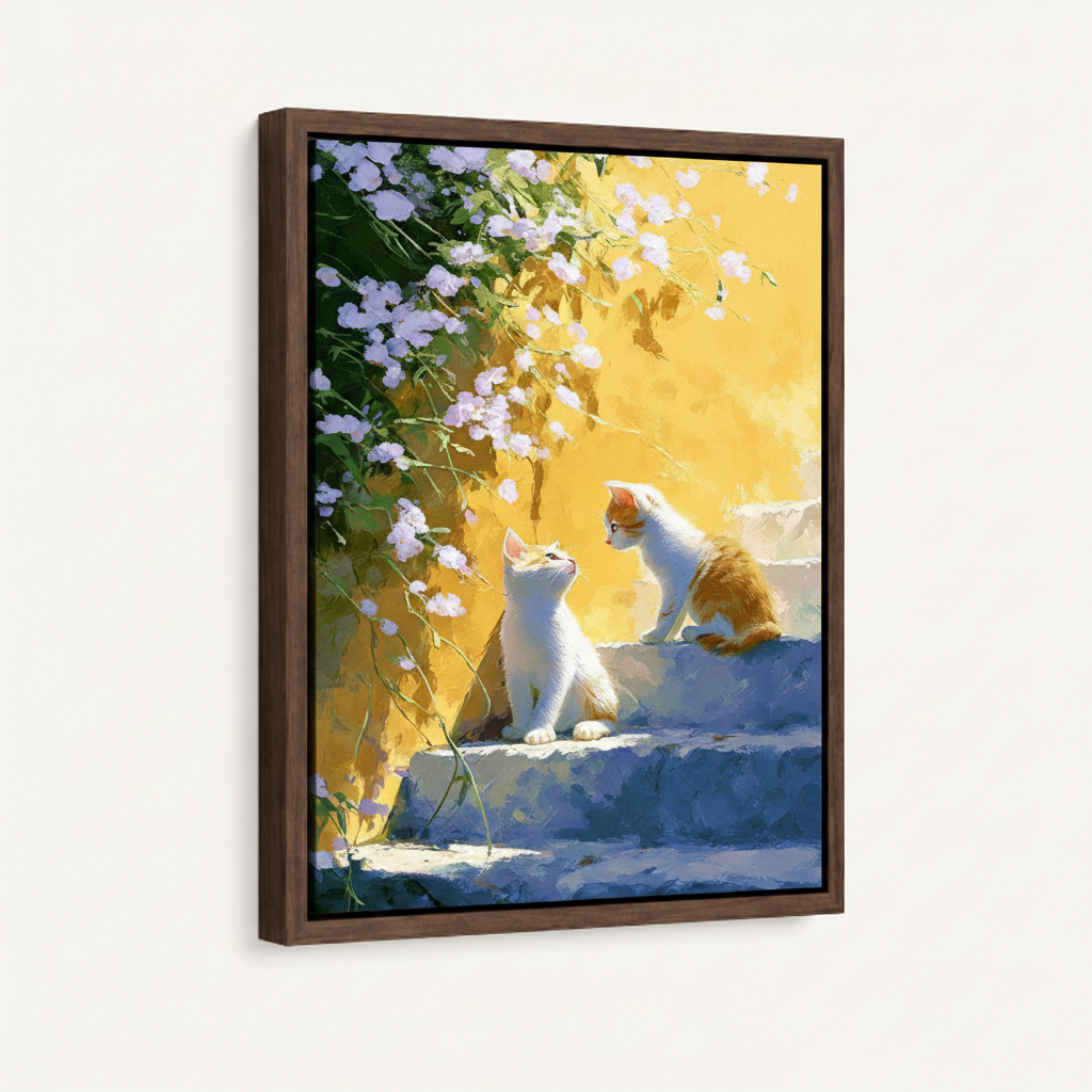 Rainbow cat sunlight framed canvas wall art – impressionist oil painting with colorful cat in golden light and butterflies by Aurewall