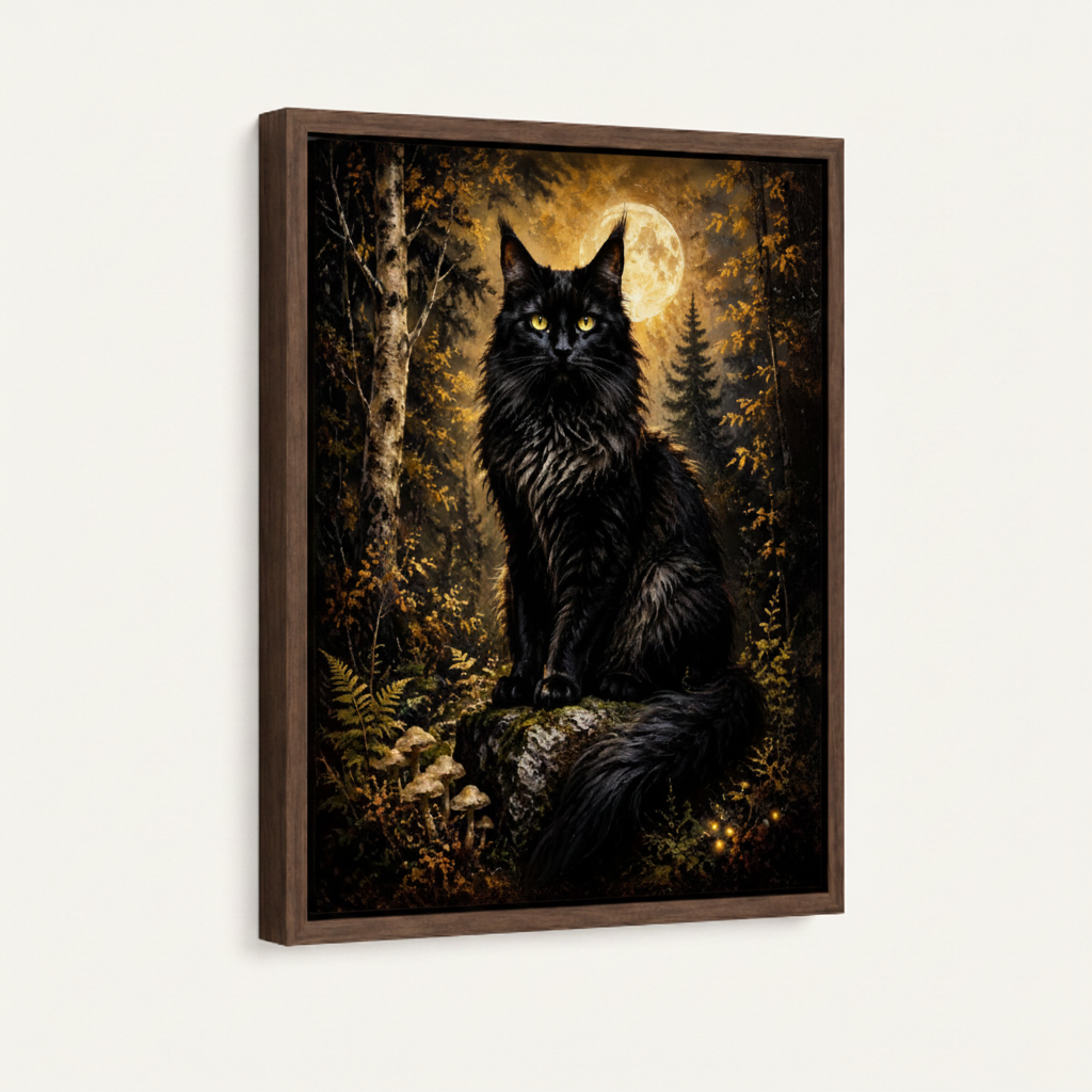Gothic black cat forest framed canvas wall art – dark baroque oil painting with black cat in moonlit woodland and mushrooms by Aurewall