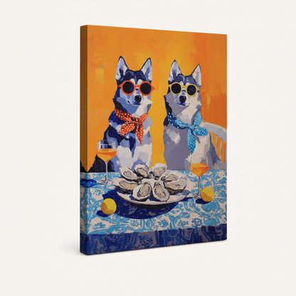 Stretched canvas print of two huskies with sunglasses at oyster bar table