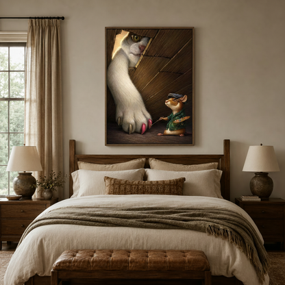 Charming mouse artist and giant cat paw canvas wall art above wooden bed in warm neutral bedroom