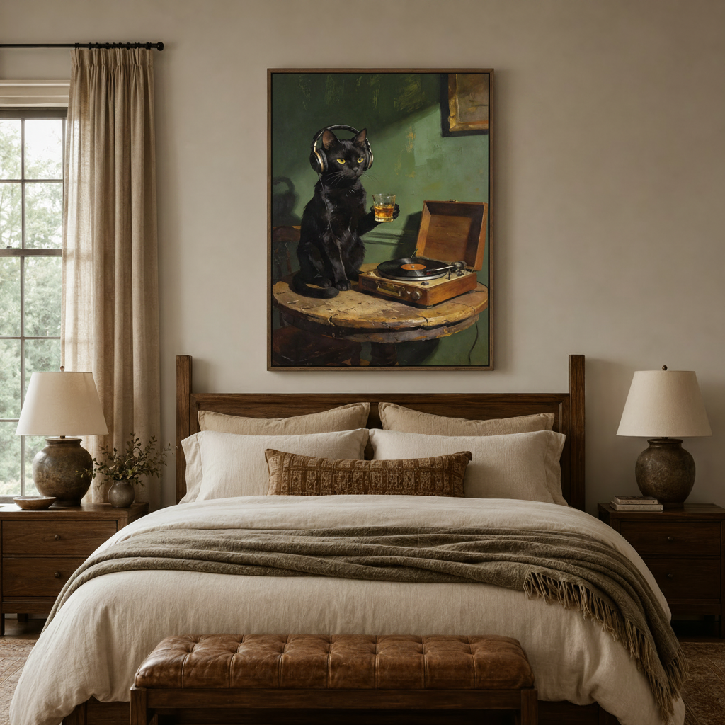Moody black cat wall art above bed in cozy bedroom with linen bedding and warm lamp lighting