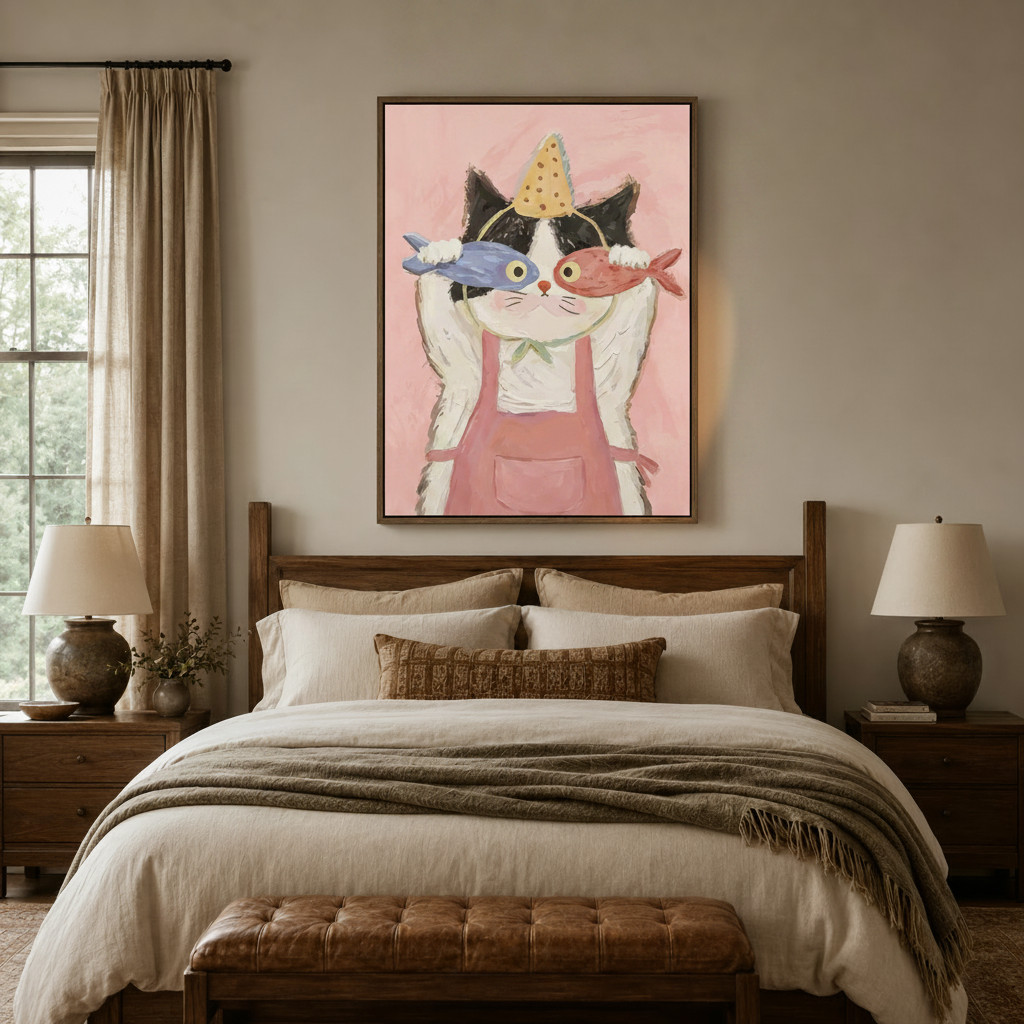 Charming party cat canvas print above wooden bed frame in warm neutral bedroom