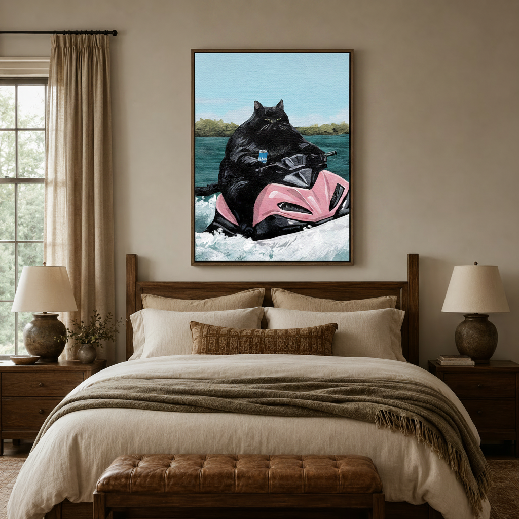 Black cat on pink jet ski canvas above wooden bed headboard in cozy neutral bedroom