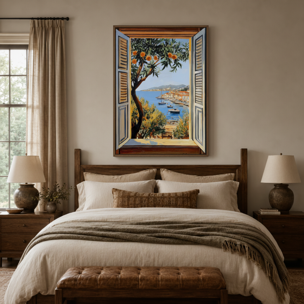 Coastal Mediterranean window canvas print in bedroom – classic oil painting with open shutters and sunlit sea view above bed by Aurewall