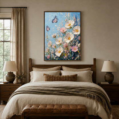 White and pink impasto flower canvas above a dark wood bed in a cozy bedroom setting