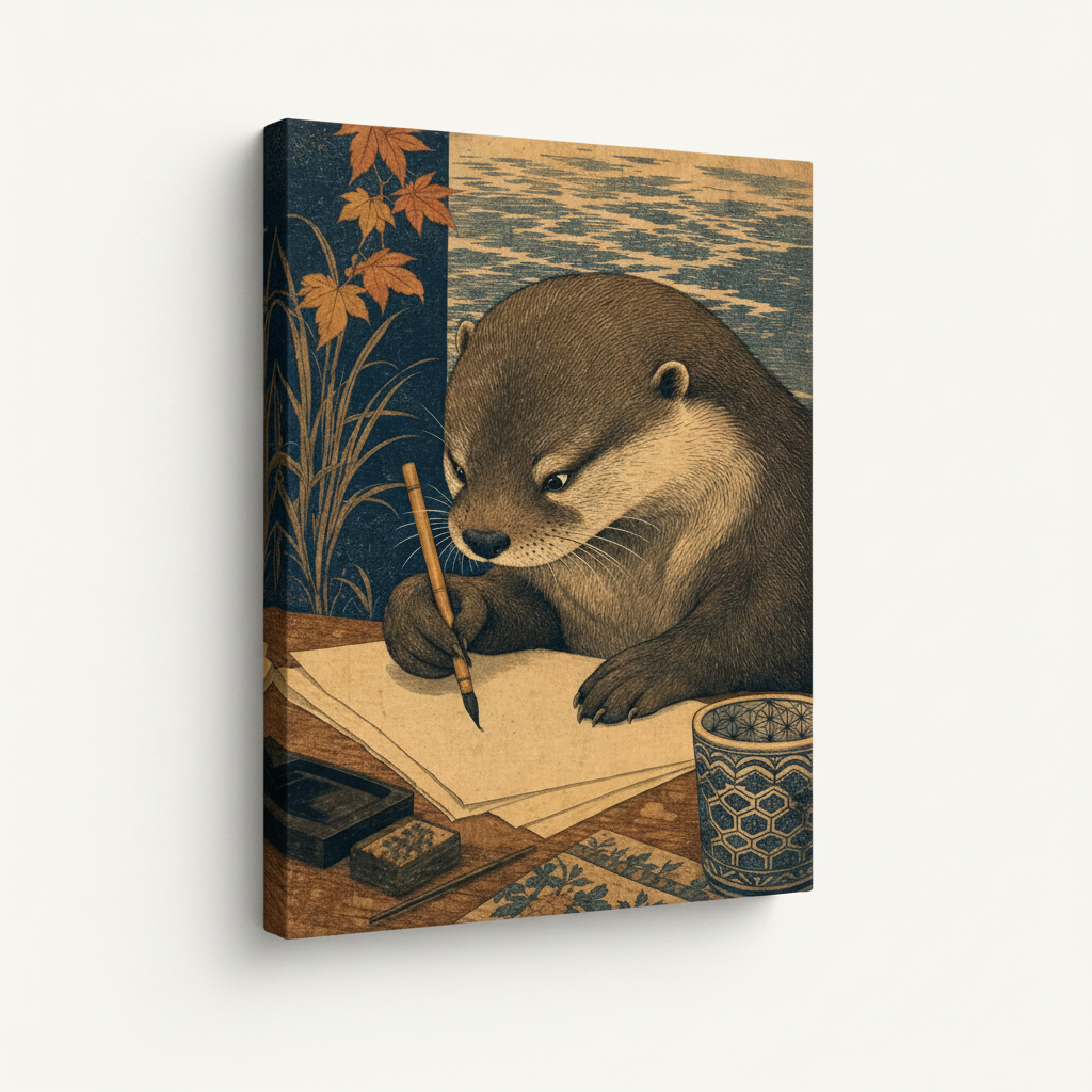Ukiyo-e otter canvas print on stretched canvas shown at an angle, woodblock texture detail visible
