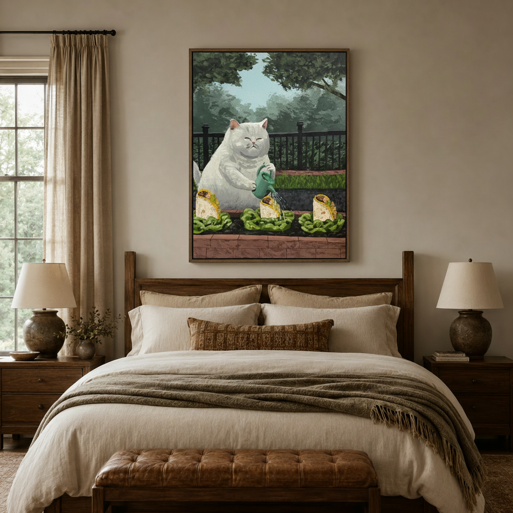 Chubby cat watering tacos whimsical canvas above a rustic wooden bed in a cozy warm-toned bedroom