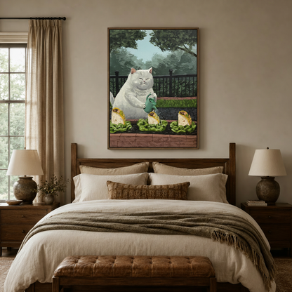 Chubby cat watering tacos whimsical canvas above a rustic wooden bed in a cozy warm-toned bedroom