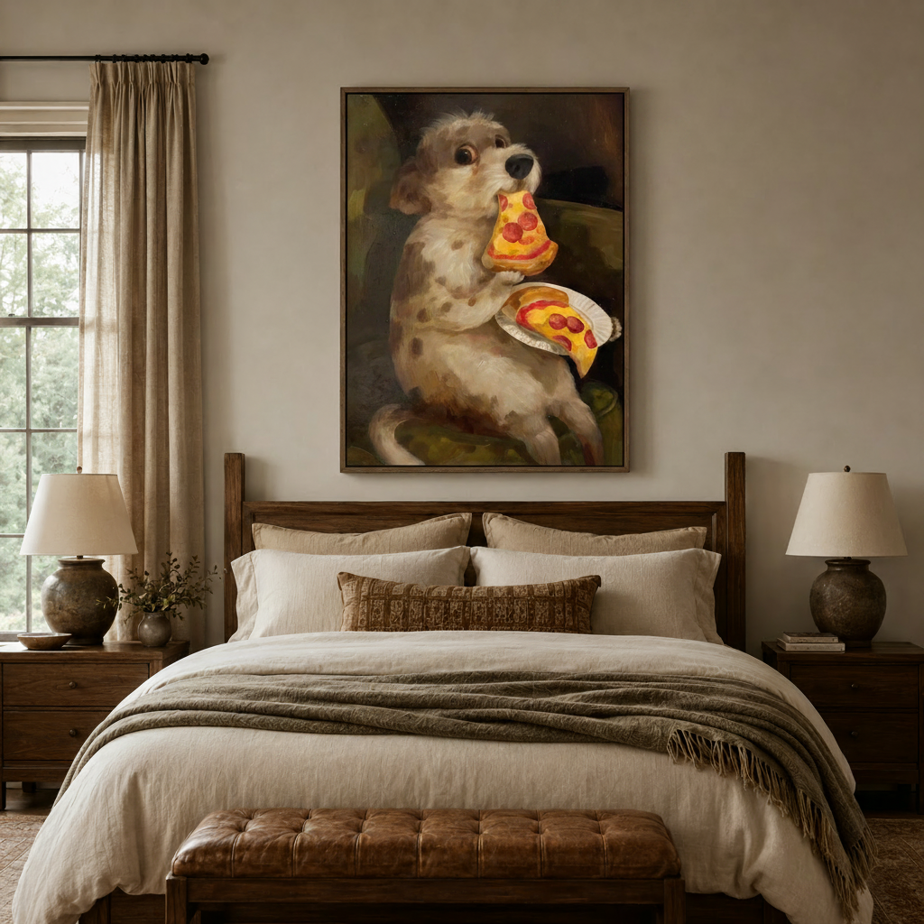 Whimsical dog pizza painting in dark walnut floating frame above a linen bed in a cozy bedroom