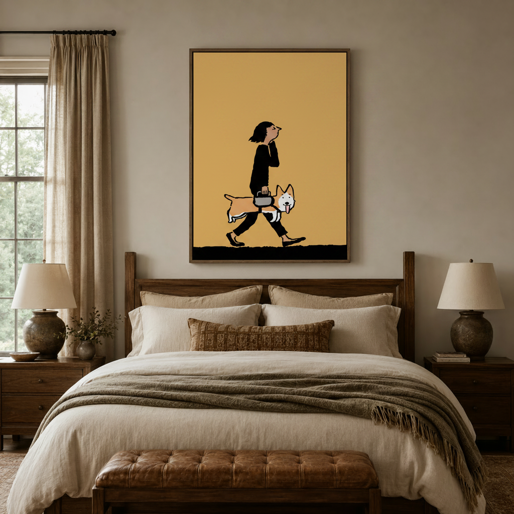 Woman walking corgi illustration canvas print above a rustic wood bed in a cozy bedroom