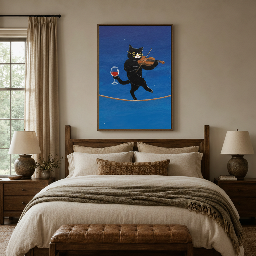 Folk art black cat canvas print above a bed in a cozy neutral bedroom with linen curtains