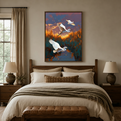 White egrets sunset nature canvas wall art above wooden bed in cozy neutral bedroom